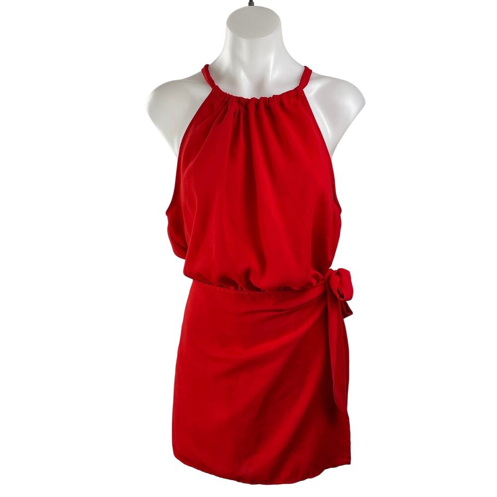 Lulus Women's Red Sleeveless Faux Wrap Halter Tie Back Skort Jumpsuit Romper L